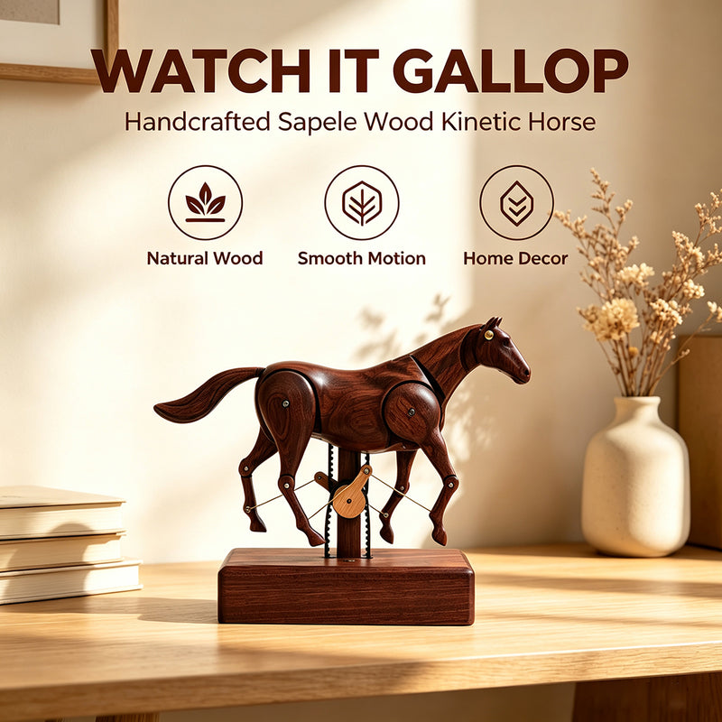 wooden mechanical horse automaton model, handcrafted dynamic horse sculpture with moving limbs & tail, desktop art decor (assembled)