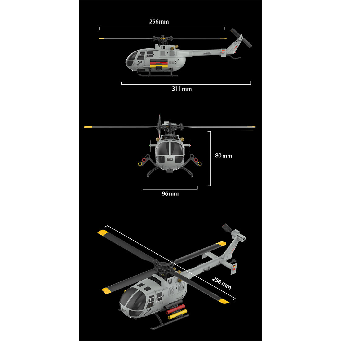 rc era c186s bo105 1/48 scale 2.4g 6ch single-rotor flybarless realistic intelligent rc helicopter model with barometric altitude hold, optical flow positioning, one-key tol & missile mounting rack (rtf)