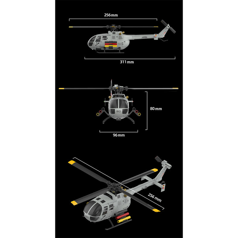 rc era c186s bo105 1/48 scale 2.4g 6ch single-rotor flybarless realistic intelligent rc helicopter model with barometric altitude hold, optical flow positioning, one-key tol & missile mounting rack (rtf)