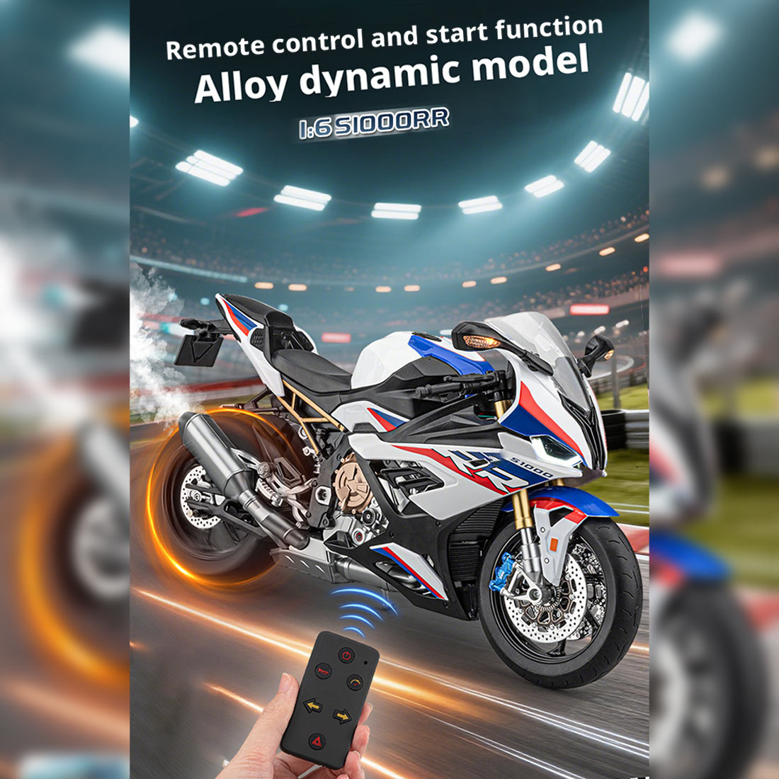 1/6 alloy s1000rr rc motorcycle model with remote control, ignition, sound, led lights & exhaust spray