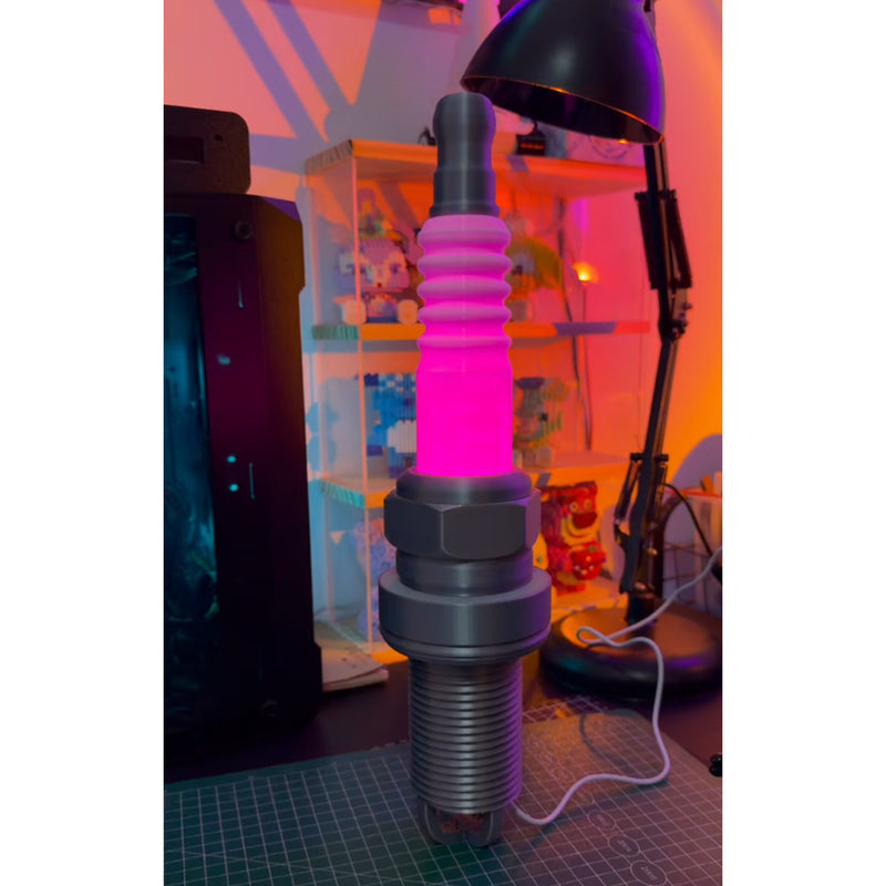 3d printed spark plug rgb led desk lamp – industrial table light for garage, gaming room & workshop