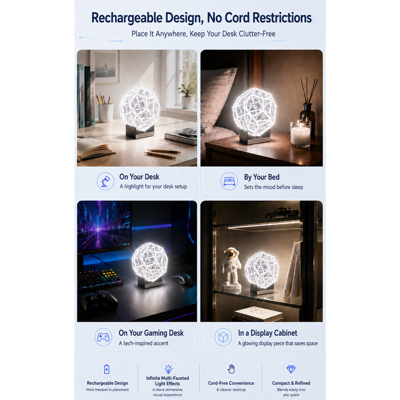 geometric refraction led desk lamp, transparent acrylic ambient light with touch dimming