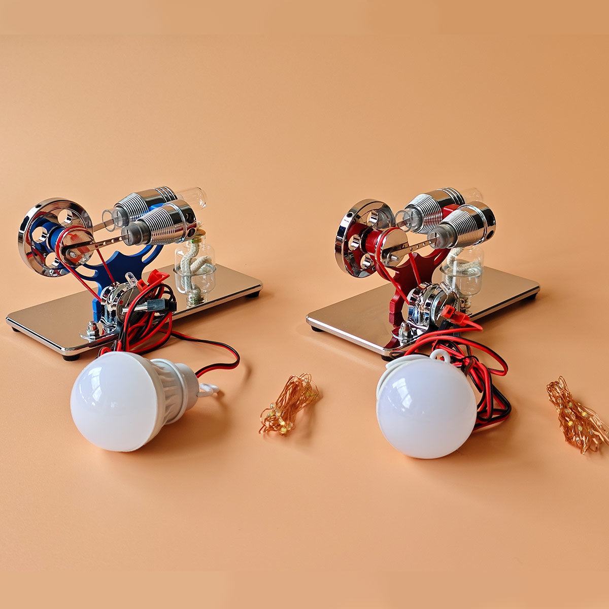 ENJOMOR γ-Type Mirror-Reflective Thermal Air Stirling Engine Generator Model with LED Bulb String
