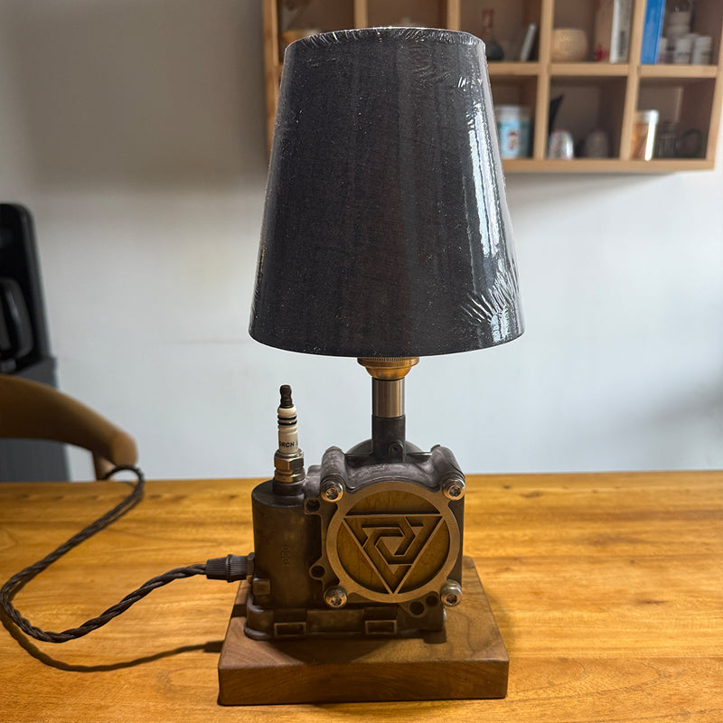 repurposed automotive throttle body steampunk table lamp, industrial desk light with dual led lighting, wood base and linen shade