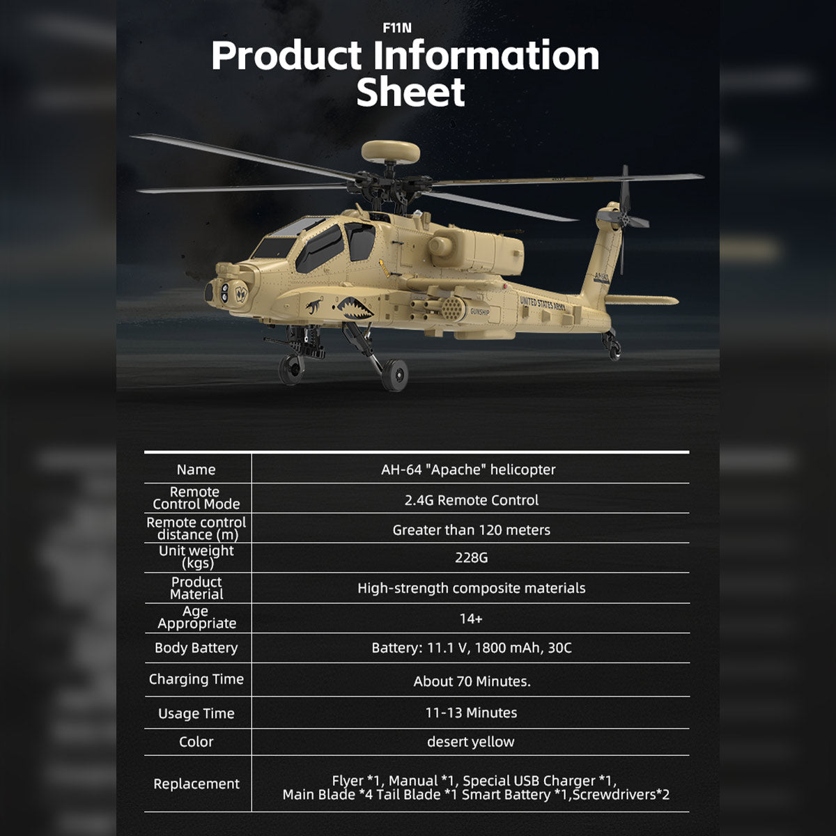 wolfbush & yu xiang f11-n ah64 apache rc helicopter – 1/32 scale 2.4g 6ch coaxial dual rotor with optical flow altitude hold