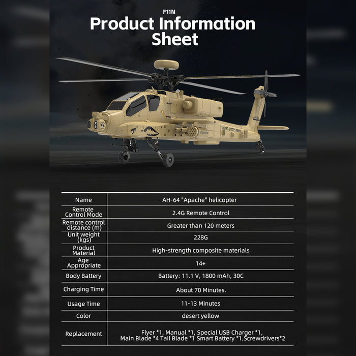 wolfbush & yu xiang f11-n ah64 apache rc helicopter – 1/32 scale 2.4g 6ch coaxial dual rotor with optical flow altitude hold