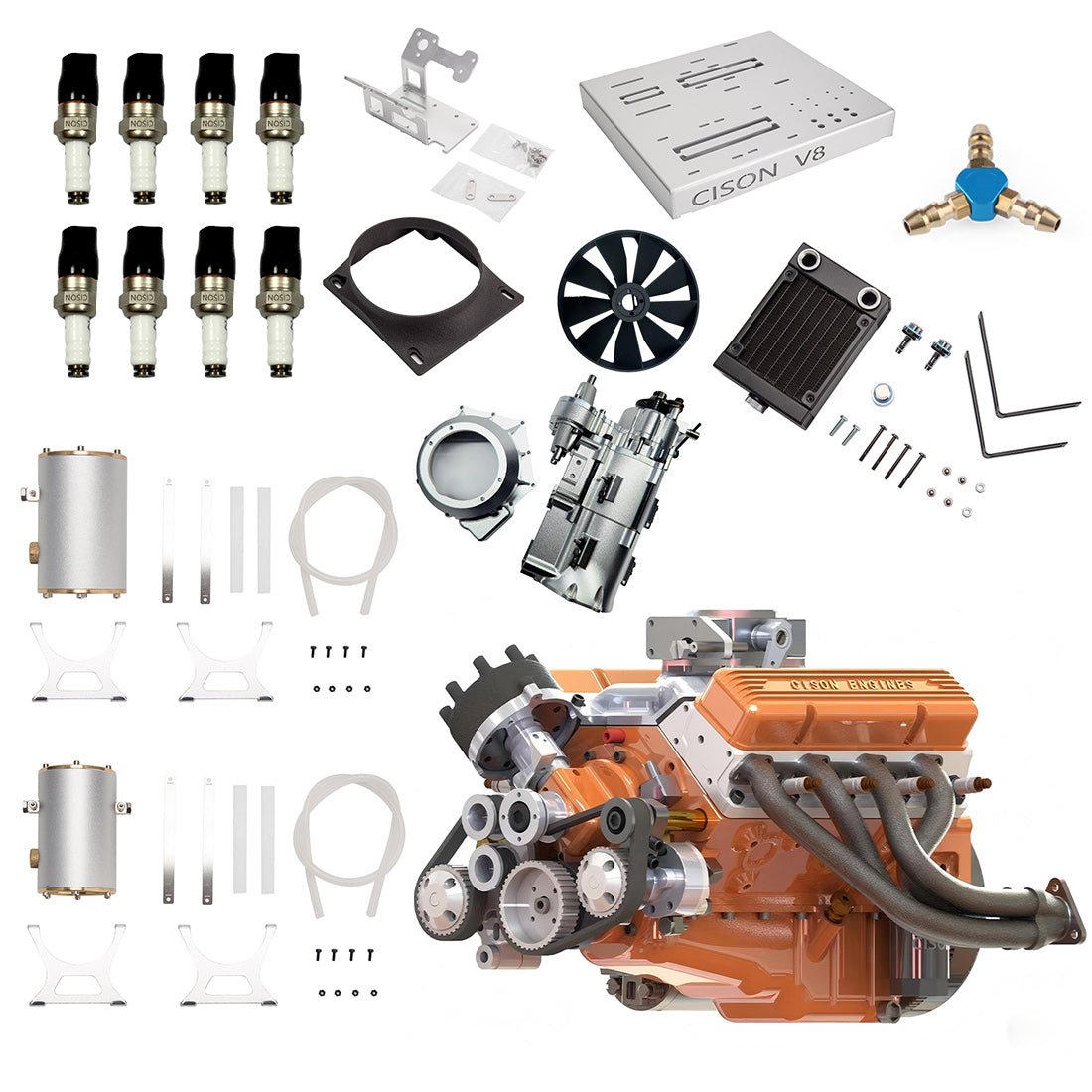 CISON V8 Engine Pro Small-block 44CC 1/6 Scale Water-Cooled 4-Stroke 8-Cylinder Gasoline Engine Internal Combustion V8 Engine Model Kit that Works
