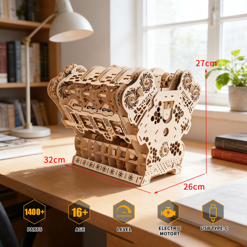 w12 running engine model kit 1400+ pcs functional 3d wooden mechanical car engine