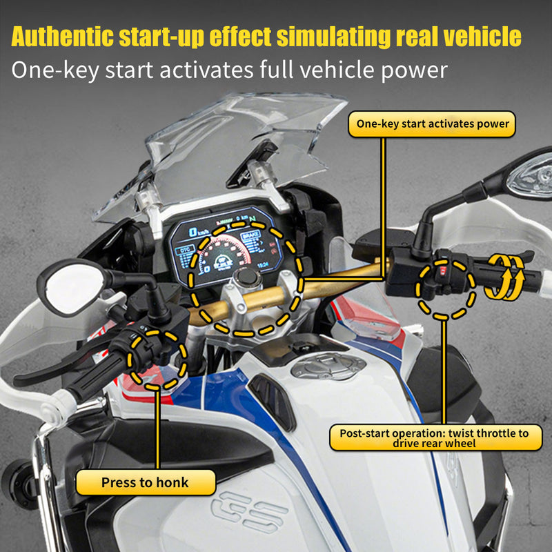 1/6 alloy r1250gs rc motorcycle model with remote control, ignition, sound, led lights & exhaust spray