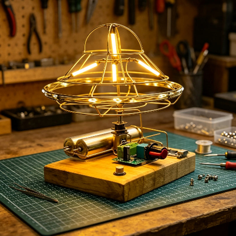 diy metal wire flying saucer desk lamp kit with wooden base, handmade welding craft for adults
