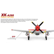 xk a280 p-51 3d/6g 2.4g 4ch brushless scale rc airplane model, 560mm wingspan epp fixed wing aircraft with quick release