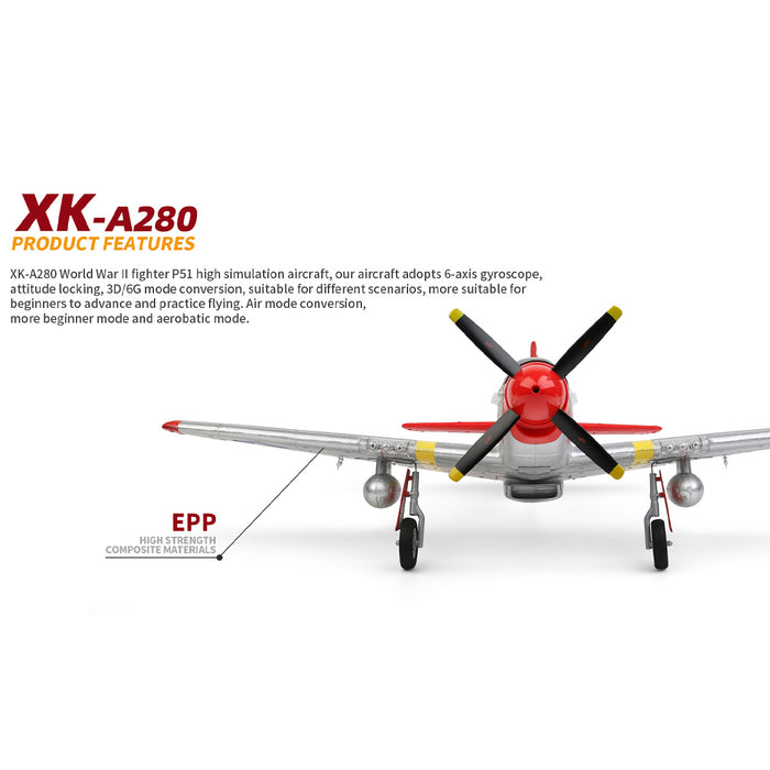 xk a280 p-51 3d/6g 2.4g 4ch brushless scale rc airplane model, 560mm wingspan epp fixed wing aircraft with quick release