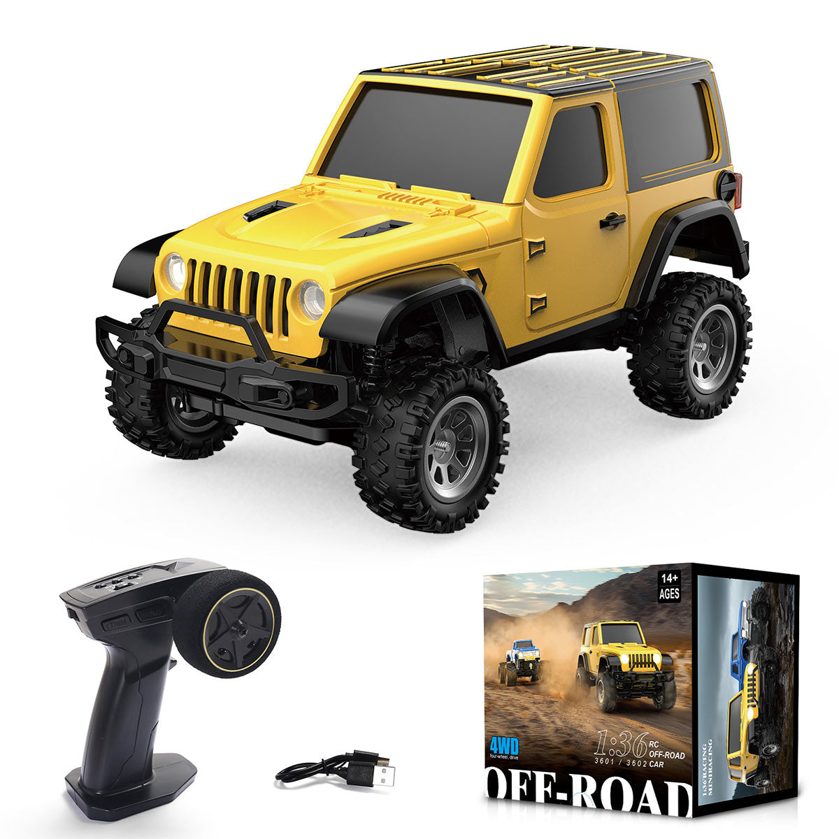 1/36 scale 2.4g 4wd proportional rc off-road car – led lights, long battery life