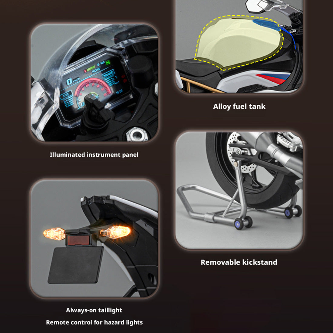 1/6 alloy s1000rr rc motorcycle model with remote control, ignition, sound, led lights & exhaust spray