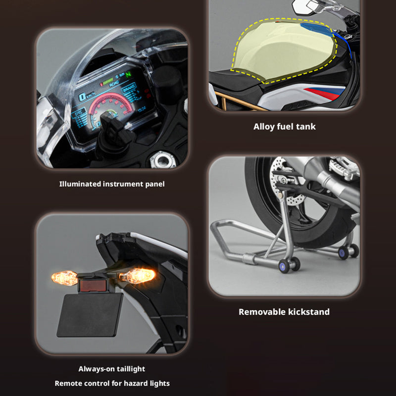 1/6 alloy s1000rr rc motorcycle model with remote control, ignition, sound, led lights & exhaust spray