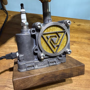 repurposed automotive throttle body steampunk table lamp, industrial desk light with dual led lighting, wood base and linen shade