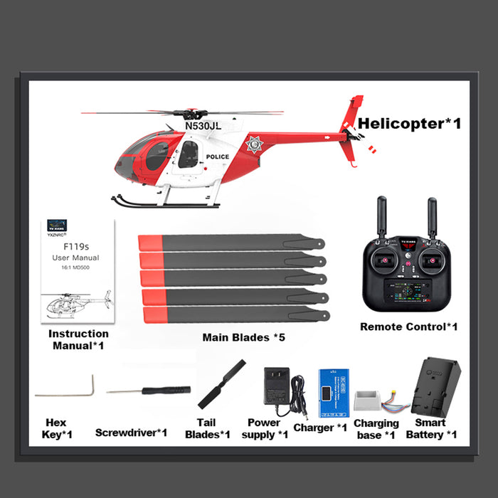 YU XIANG F119S MD500 1/16 Scale 250-Class RC Little Bird Helicopter – Flybarless 2.4G 9CH RTF Model with 6G/3D Flight Modes