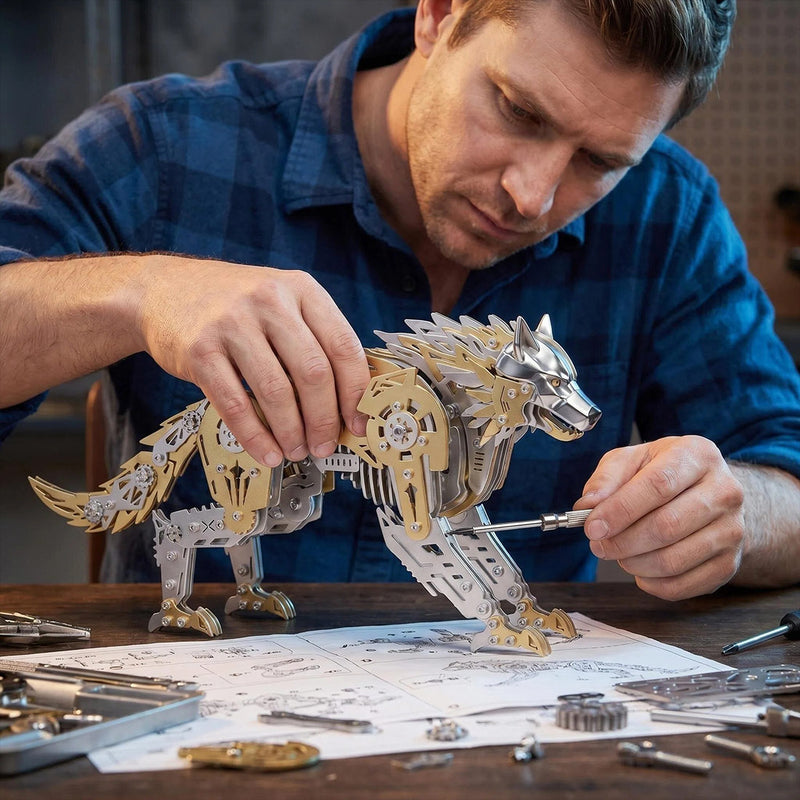 3D Metal Puzzle Mechanical Wolf Kit-Steampunk Creature Model with Movable Joints, Desktop Display Collectible Mechanical Figure - EngineDIY