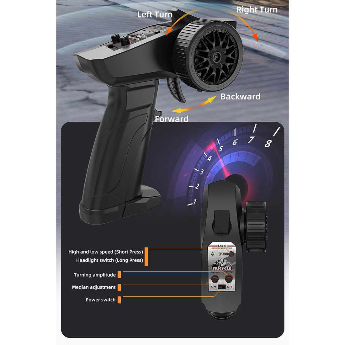 1/10 scale 2.4g full-proportional rc three-wheeler with realistic reverse sound, synchronized lights and adjustable gears