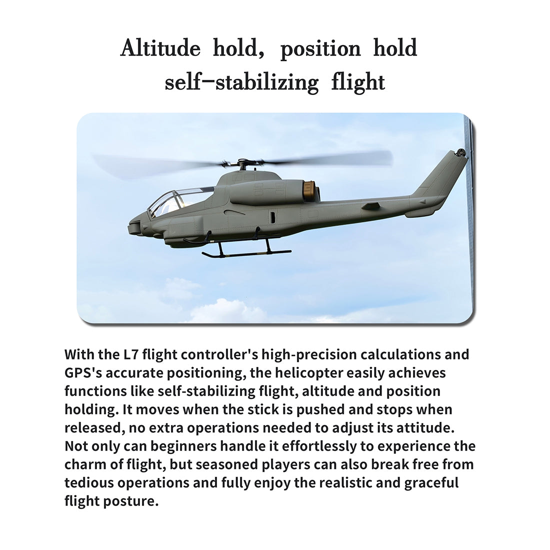 flishrc fl500 bell ah-1 cobra 500-class 2.4ghz 6ch scale rc helicopter with l7 flight controller, 4-mode gps positioning, realistic cockpit  rtf remote control helicopter