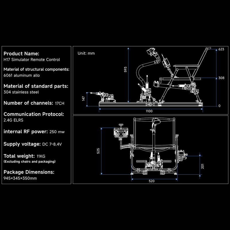h17 helicopter flight simulator controller, 17ch edgetx transmitter with cnc metal frame, collective pitch lever, cyclic stick & foot pedals