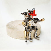 solar powered steampunk warrior robot metal mechanical model, auto rotating propeller stem desktop decor