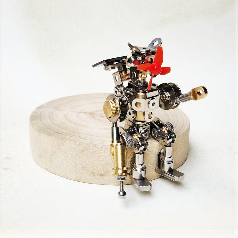 solar powered steampunk warrior robot metal mechanical model, auto rotating propeller stem desktop decor
