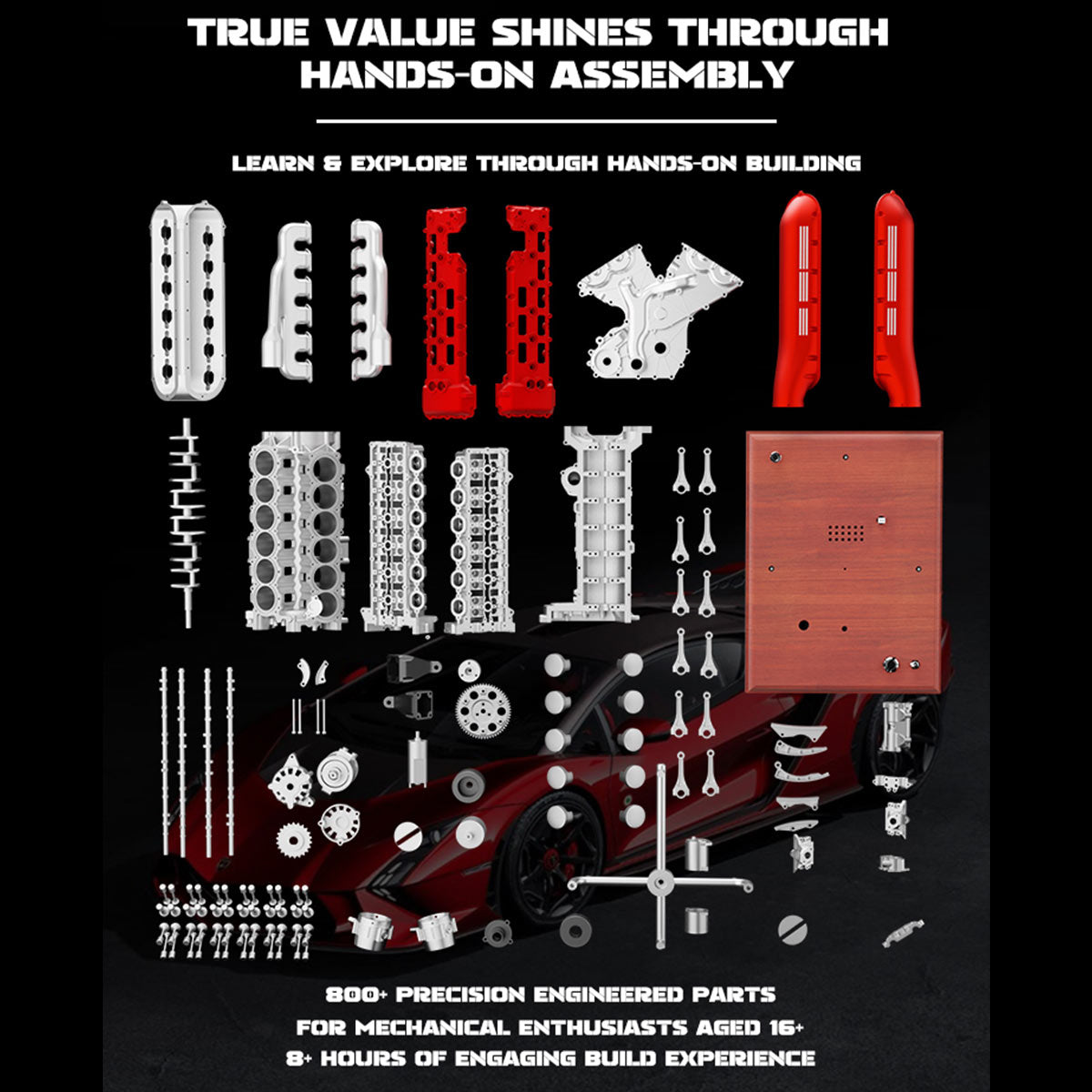 V12 Engine Model Kit that Works - Build Your Own V12 Engine - TECHING 1/4 Supercar V12 Engine Model Kit with Synchronized Throttle Sound Effects 800+PCS