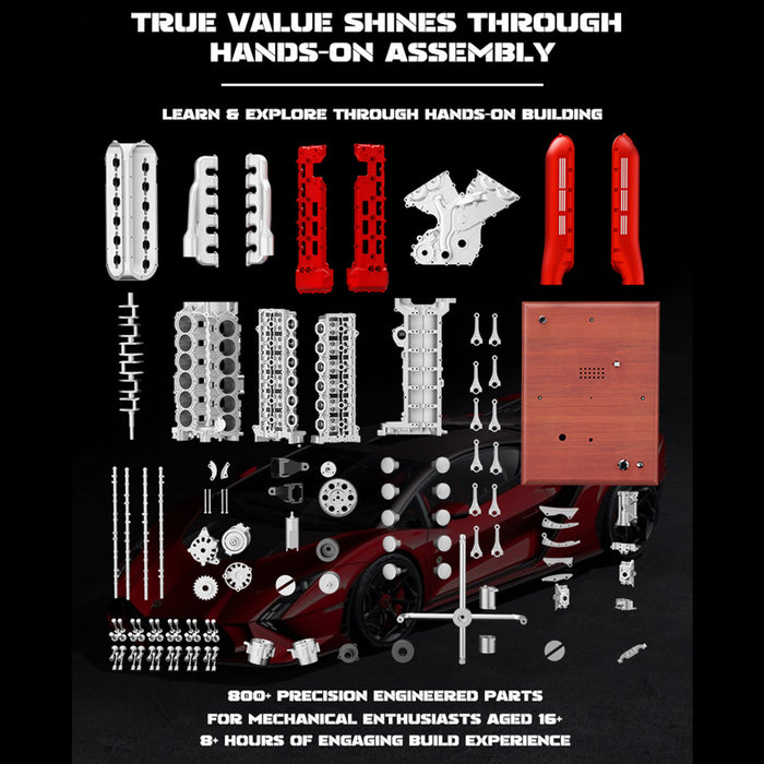 V12 Engine Model Kit that Works - Build Your Own V12 Engine - TECHING 1/4 Supercar V12 Engine Model Kit with Synchronized Throttle Sound Effects 800+PCS