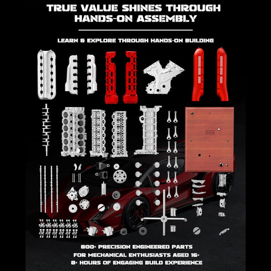 V12 Engine Model Kit that Works - Build Your Own V12 Engine - TECHING 1/4 Supercar V12 Engine Model Kit with Synchronized Throttle Sound Effects 800+PCS