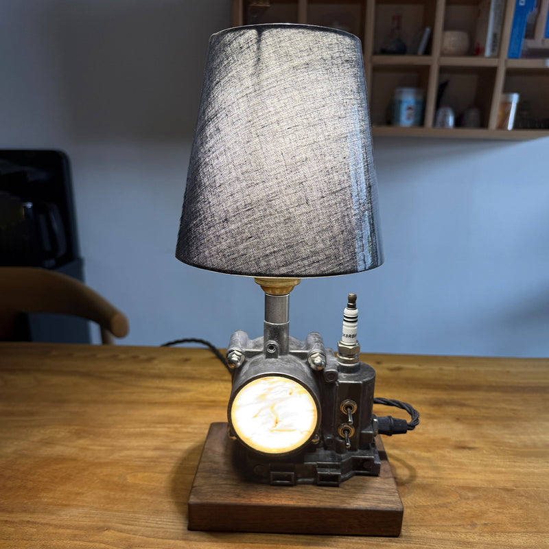 repurposed automotive throttle body steampunk table lamp, industrial desk light with dual led lighting, wood base and linen shade