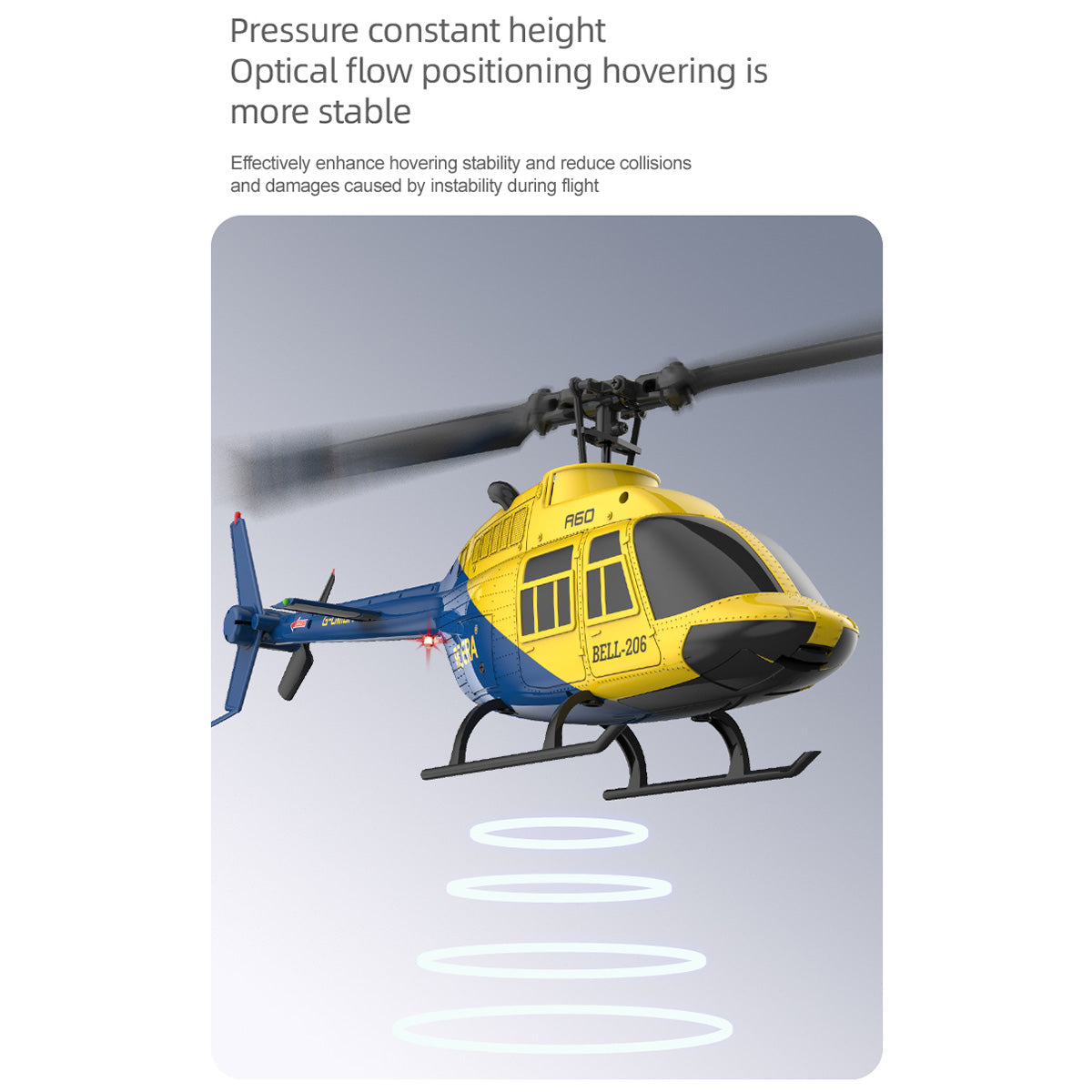 a60 bell206 90-class 2.4g 4ch single rotor flybarless mini rc helicopter model with optical flow altitude hold 1/42 scale