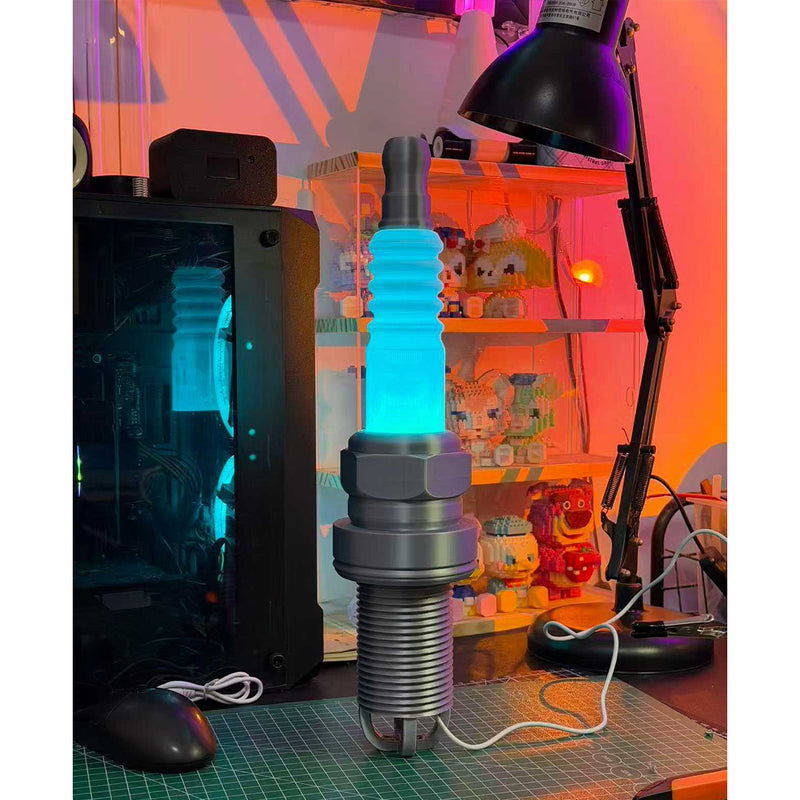 3d printed spark plug rgb led desk lamp – industrial table light for garage, gaming room & workshop