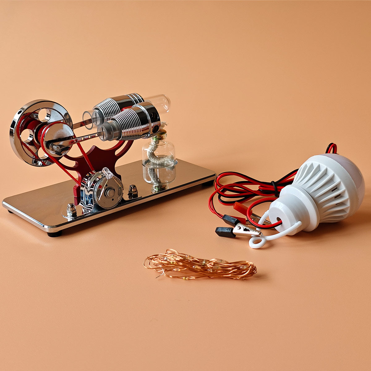 ENJOMOR γ-Type Mirror-Reflective Thermal Air Stirling Engine Generator Model with LED Bulb String