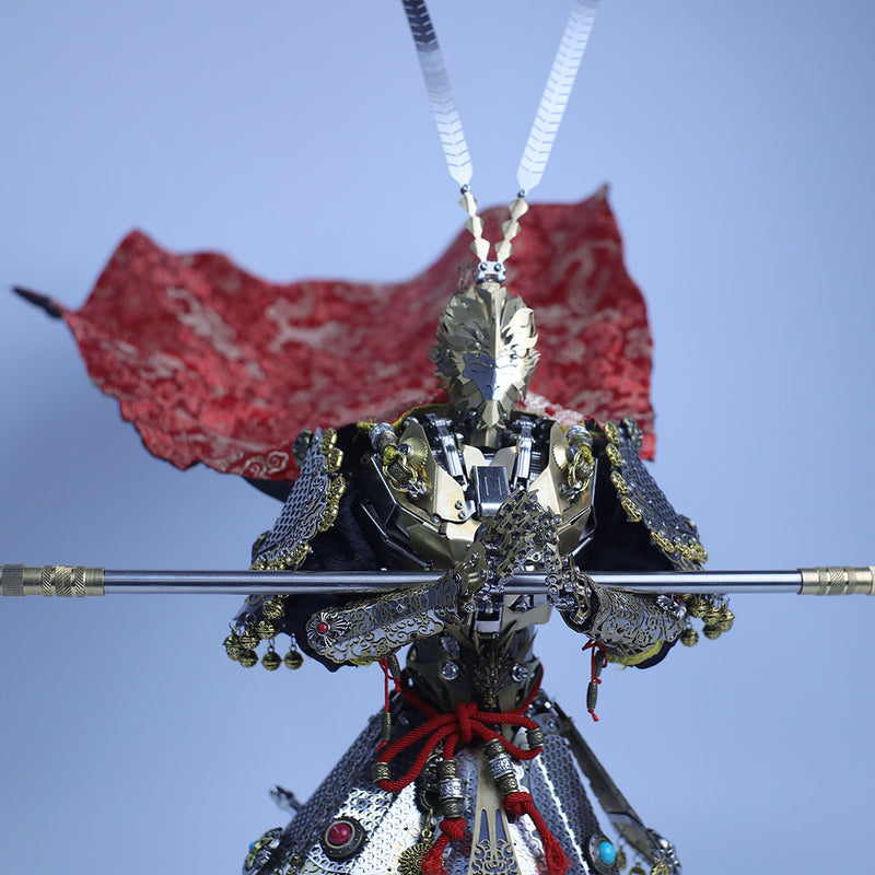 3d metal monkey king sun wukong mecha model kit, diy assembly collectible figure with cloak and staff, articulated desktop display for adults (2600+pcs)