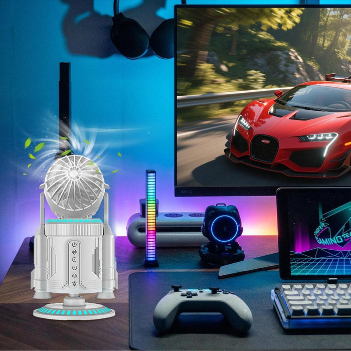 rocket-style desktop fan with dual mist spray &amp; rgb lights - ultra-quiet tech decor for office