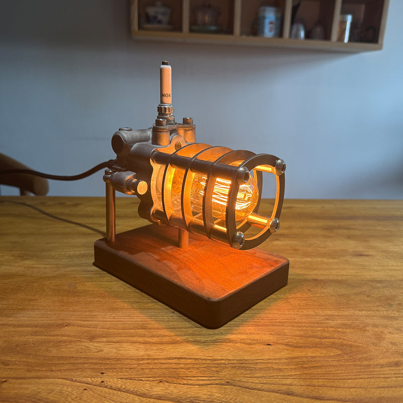 repurposed automotive power steering pump steampunk table lamp, industrial desk lamp with vintage filament bulb, stepless dimming knob & wood base
