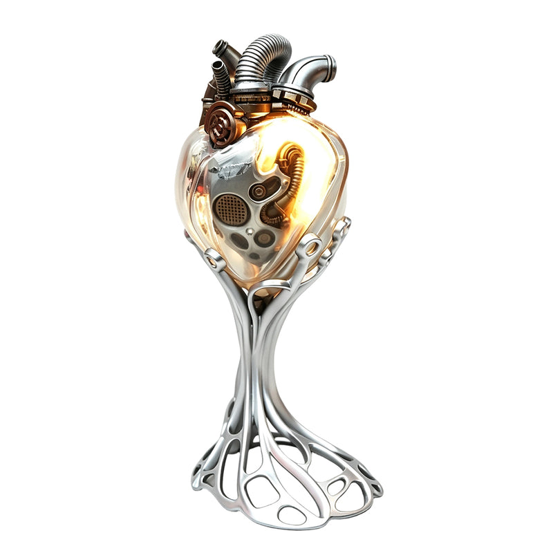 steampunk mechanical heart sculpture with remote control led light, industrial desktop decor
