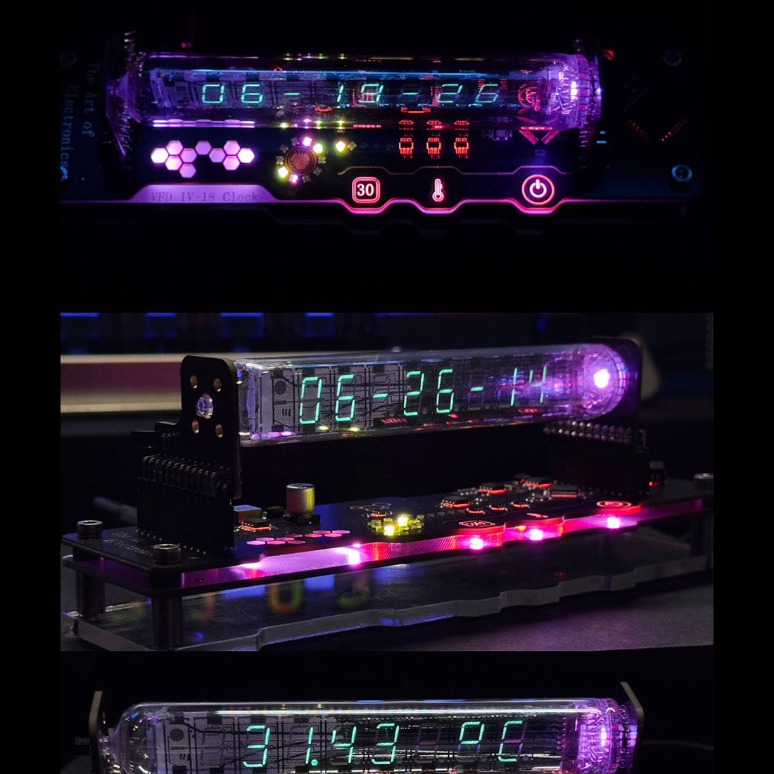 iv18 vacuum fluorescent tube clock - cyberpunk nixie tube decor, rgb glowing display for pc gaming setup