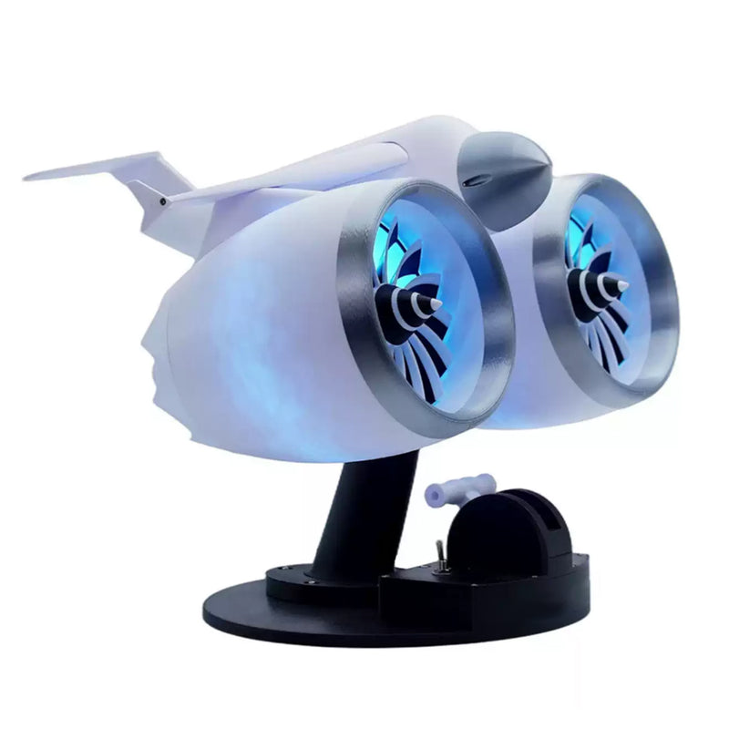 3D Printed Twin Turbo Jet Engine Desktop Fan with LED Light, Adjustable Speed Aviation Display Model