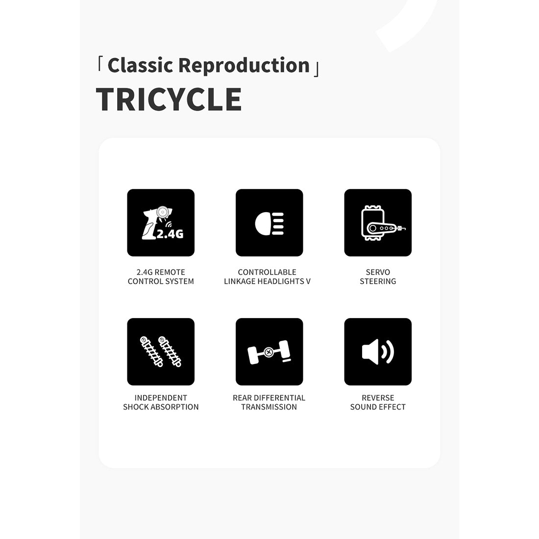 1/10 scale 2.4g full-proportional rc three-wheeler with realistic reverse sound, synchronized lights and adjustable gears