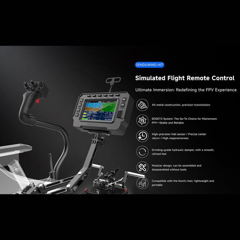 h17 helicopter flight simulator controller, 17ch edgetx transmitter with cnc metal frame, collective pitch lever, cyclic stick & foot pedals