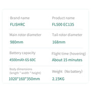 FLISHRC FL500 EC135 500-Class 2.4GHz 6CH Scale RC Helicopter – L7 Flight Controller & 4-Mode GPS Precision Positioning (RTF) - EngineDIY