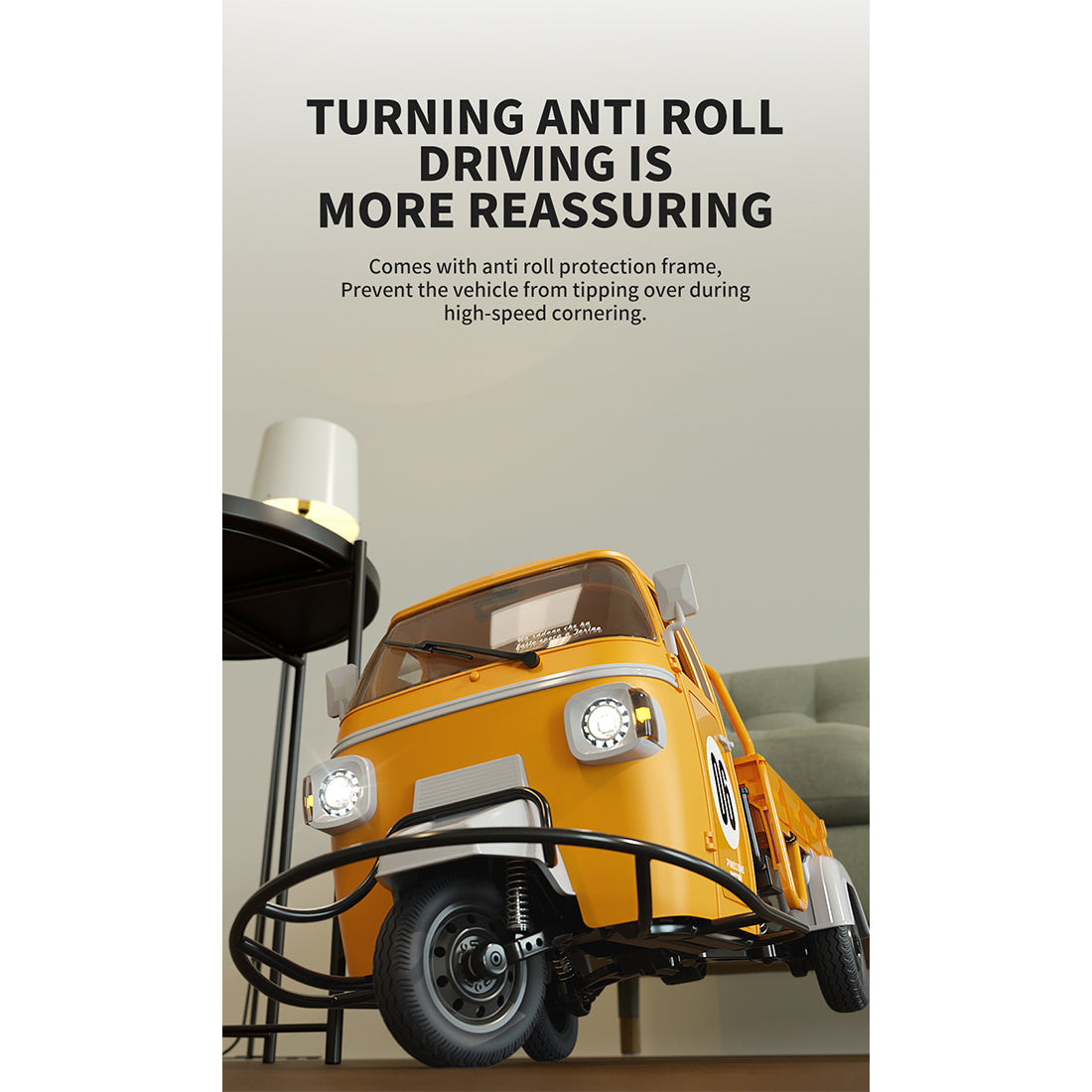 1/10 scale 2.4g full-proportional rc three-wheeler with realistic reverse sound, synchronized lights and adjustable gears