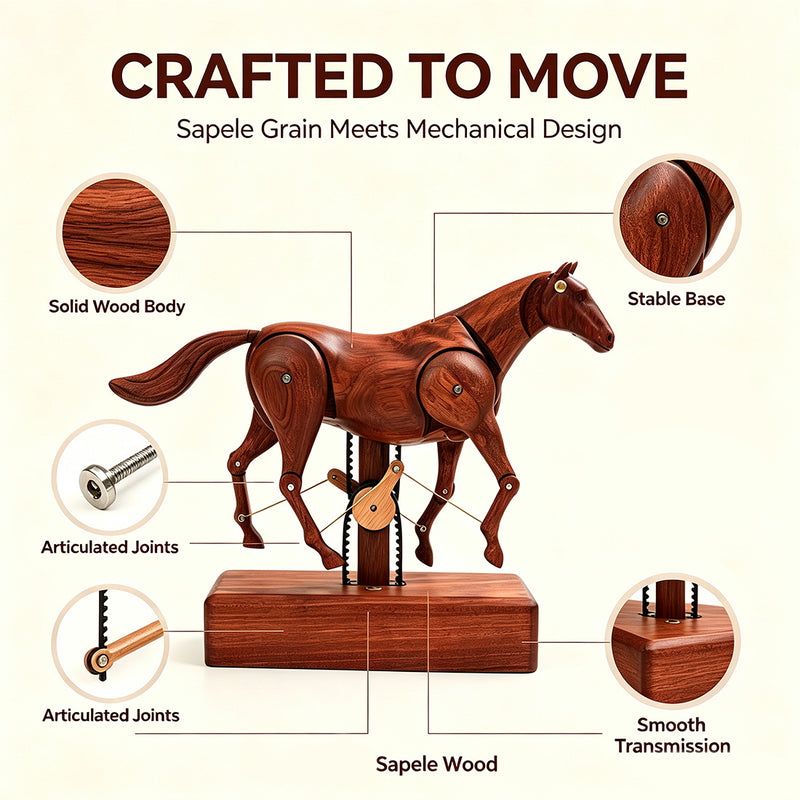 wooden mechanical horse automaton model, handcrafted dynamic horse sculpture with moving limbs & tail, desktop art decor (assembled)