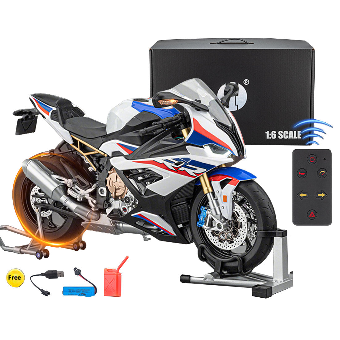 1/6 alloy s1000rr rc motorcycle model with remote control, ignition, sound, led lights & exhaust spray