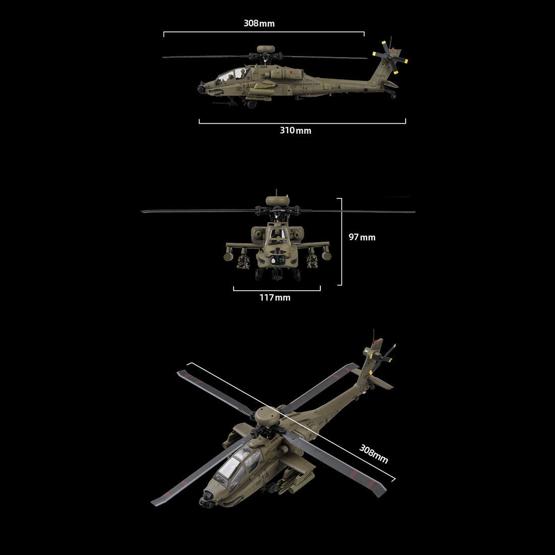 rc era c170 ah-64d 1/48 scale 2.4g 6ch flybarless military rc helicopter model with optical flow positioning, tof altitude hold, one-key inverted flight and brushless motor (rtf version)