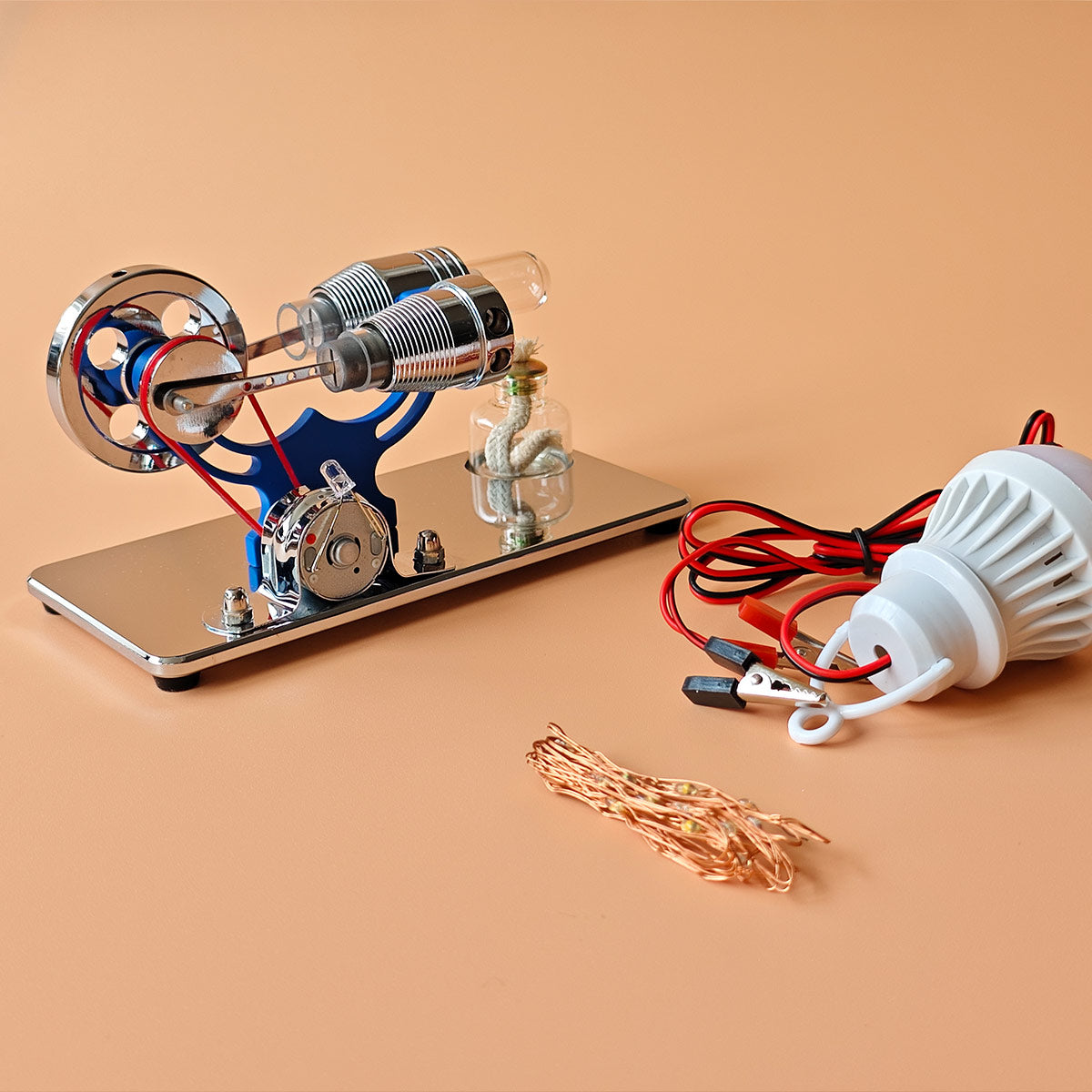 ENJOMOR γ-Type Mirror-Reflective Thermal Air Stirling Engine Generator Model with LED Bulb String