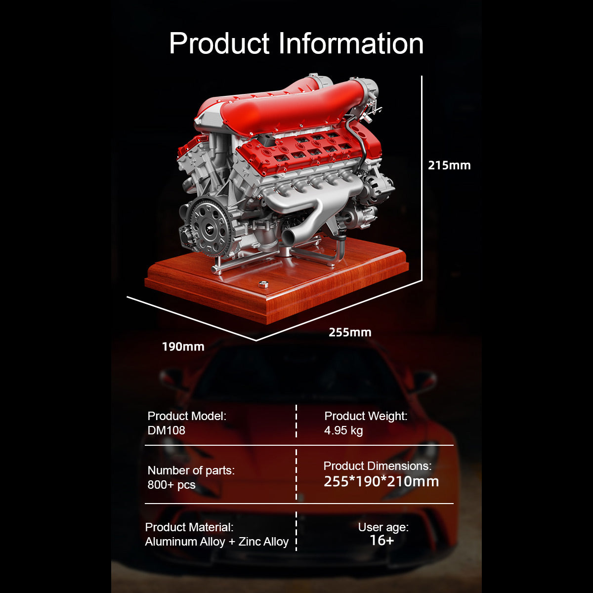 V12 Engine Model Kit that Works - Build Your Own V12 Engine - TECHING 1/4 Supercar V12 Engine Model Kit with Synchronized Throttle Sound Effects 800+PCS