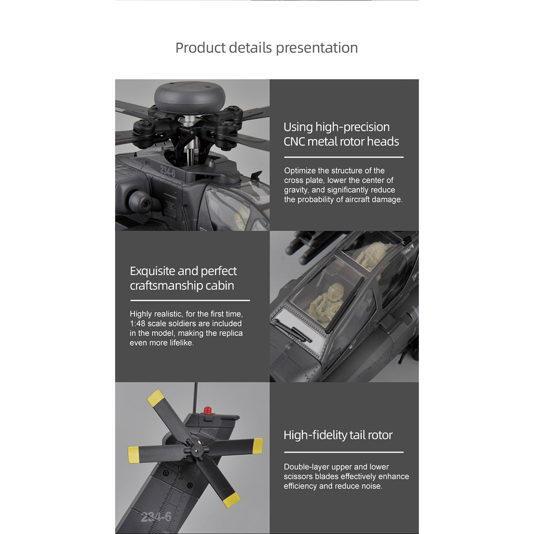 rc era c170 ah-64d 1/48 scale 2.4g 6ch flybarless military rc helicopter model with optical flow positioning, tof altitude hold, one-key inverted flight and brushless motor (rtf version)